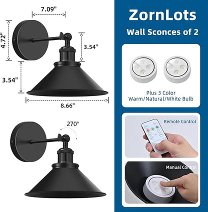 Battery Operated Wall Sconce Set of 2,Vintage Wireless Wall Sconces with Remote,Dimmable Led Wall Lights,Wall Lamp Fixture Indoor Bedroom Living Room Kitchen,LED Bulbs Included,Black