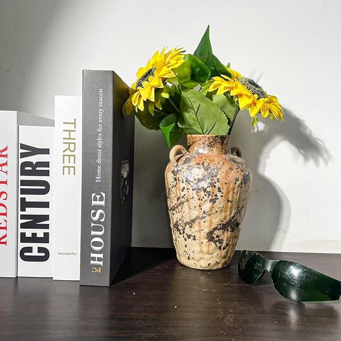 8IN Rustic Farmhouse Ceramic Vase Home Decor, Vintage Stoneware Clay Pottery Terracotta Textured for Modern Farmhouse, Living Room, Office Desk Table Shelf (Gray Black)