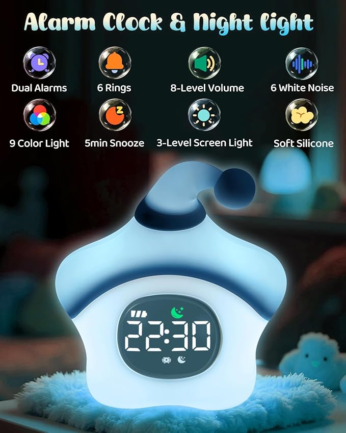 Star Alarm Clock with Night Light for Kids with Sleep Training and Sound Machine, Rechargeable Silicone Lamp OK to Wake Clock, Cute Animal Tabletop Lamp, Perfect Sleep Companion for Boys Girls, Blue