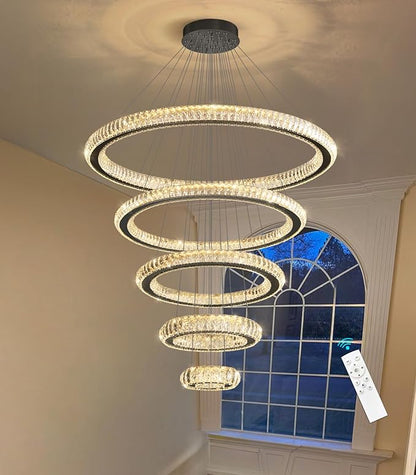 Modern Chandelier 8"+16"+24"+32"+40" 5 Rings Crystal LED Dimmable Lighting Foyer Entryway High Ceiling Living Room Chanderliers Pendant Lights Fixtures Black Light