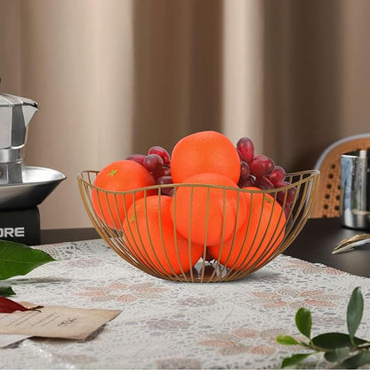IBWell Antique Curved Edge Fruit Basket for Kitchen Gold Wire Basket Fruit Bowl for Home Decor Metal Wire Fruit Holder for Fruit Vegetable Snacks