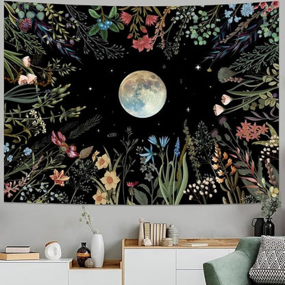 Amhokhui Moonlit Garden Tapestry Boho Moon Tapestry Floral Flower Tapestries Colorful Plants Tapestries Black Wall Hanging Decor for Home