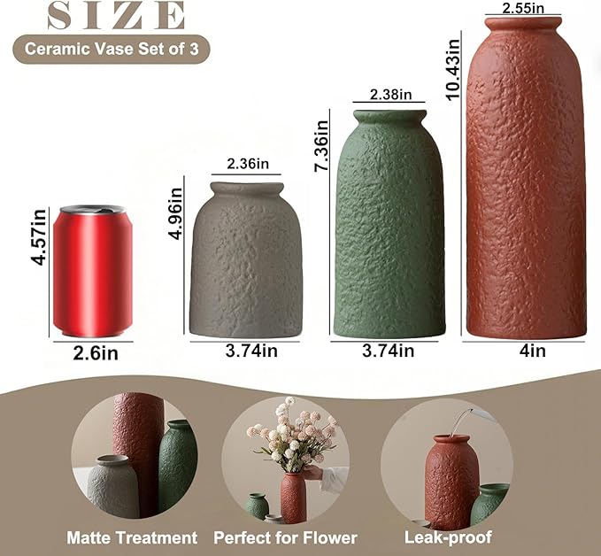 Large Decorative Ceramic Vase Set, 3 Pieces, Nordic Modern Boho Style, Earthtone Color Mix, Modern Farmhouse for Home Decor (XL Red Texture Mix)