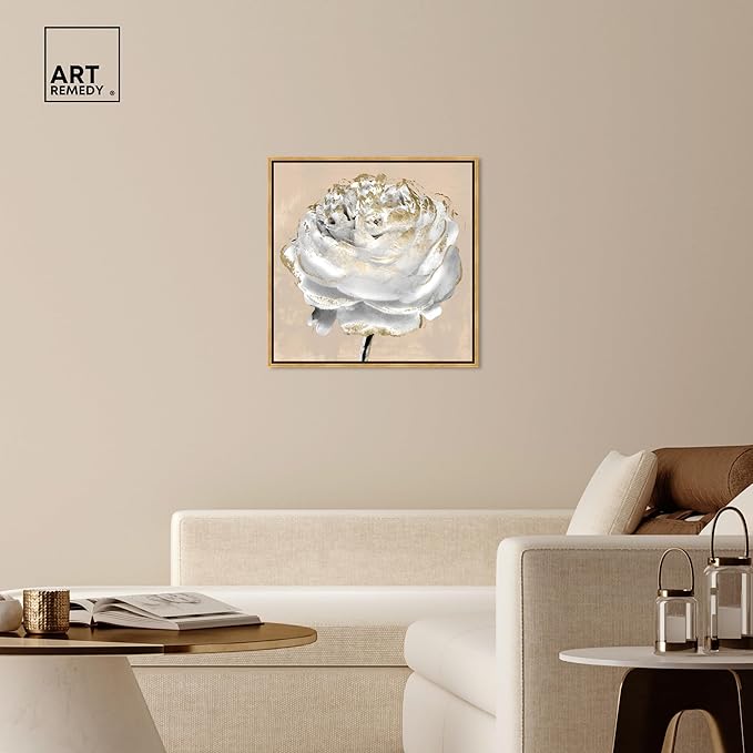 Art Remedy Beige Ranunculus Canvas Elegant White Gold Wall Art, Gold Frame, 30" x 30"