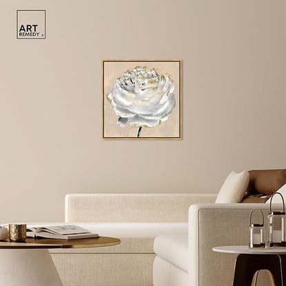 Art Remedy Beige Ranunculus Canvas Elegant White Gold Wall Art, Gold Frame, 30" x 30"