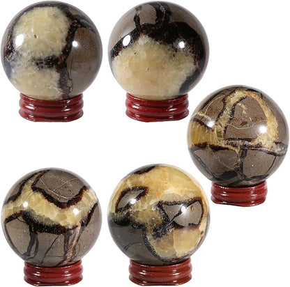 Nupuyai Natural Septarian Dragon Crystal Ball with Wooden Stand Healing Stone Sphere for Divination Fengshui Meditation Home Office Decor