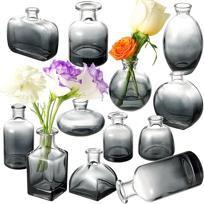 Bud Vases Set of 12, Black Clear Glass Bud Vases, Small Vases for Centerpiece Modern Flower Vases in Bulk, Mini Glass Vase for Wedding Centerpieces, Party Table Decor, Home Déco