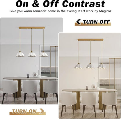 3-Light Hanging Pendant Light Fixtures Gold Kitchen Island Lighting Vintage Milk Glass Light Adjustable White Wave Ceramic Hanging Ceiling Light Nordic Retro Ceiling Lamp MPL11-3S GD