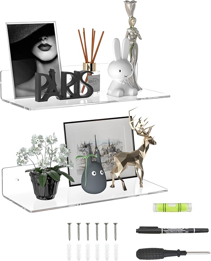 Sezanrpt 15 Inches Clear Acrylic Shelves, Wall Mounted Shelves for Bedroom, Wall Display Shelves for Collectibles, Funko Pop, Speaker, Plants, 2 Pack
