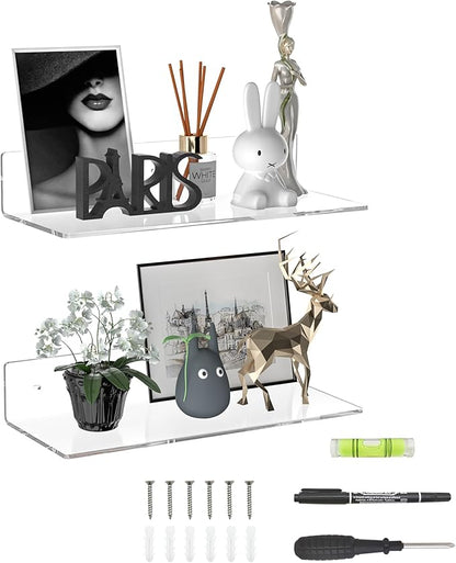 Sezanrpt 15 Inches Clear Acrylic Shelves, Wall Mounted Shelves for Bedroom, Wall Display Shelves for Collectibles, Funko Pop, Speaker, Plants, 2 Pack