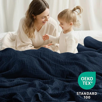 100% Cotton Muslin Blanket Large 50" x 70", 6 Layers Breathable and Lightweight Navy Throw Blanket for Bed and Couch, Soft Quilt Bedspread, Gauze Blanket for Adults All Season, Navy, Dark Blue