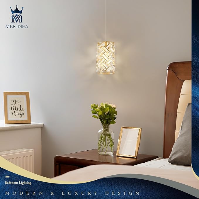 Modern Gold Crystal Pendant Light Fixture – Mini Hanging Chandelier with K9 Prisms for Kitchen Island, Bedroom, Bathroom, Dining Room, or Bar (1-Light)
