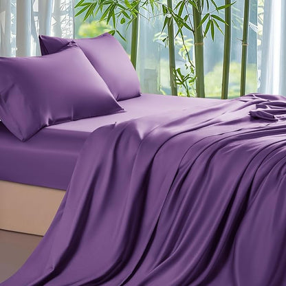 Shilucheng 100% Viscose Derived from Bamboo Queen Size 4pcs Ultra Cooling & Silky Soft Bed Sheets, 16" Deep Pocket, Perfect for Hot Sleepers, Hotel Bedding Sheets (Purple)