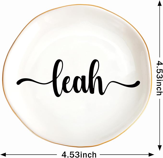 JoycuFF Leah Personalized Name Ceramic Jewelry Tray, Mothers Day Christmas Anniversary Engagement Birthday Gifts for Women Couples, Trinket Dish for Rings Earrings Necklaces Bracelets Keys