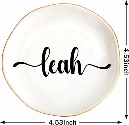 JoycuFF Leah Personalized Name Ceramic Jewelry Tray, Mothers Day Christmas Anniversary Engagement Birthday Gifts for Women Couples, Trinket Dish for Rings Earrings Necklaces Bracelets Keys