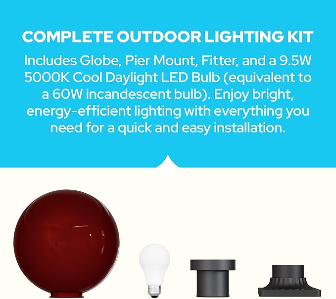 KASTLITE 12" Globe Pier Mount Outdoor Lighting with LED Lamp | UV & Waterproof Pillar & Column Lights | Deck Driveway Yard Patio & Garden Fixture | Made in USA | Bronze Cover, Black Decorated Base