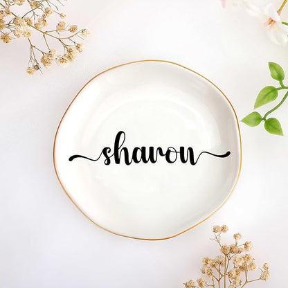 JoycuFF Sharon Personalized Name Ceramic Jewelry Tray, Mothers Day Christmas Anniversary Engagement Birthday Gifts for Women Couples, Trinket Dish for Rings Earrings Necklaces Bracelets Keys