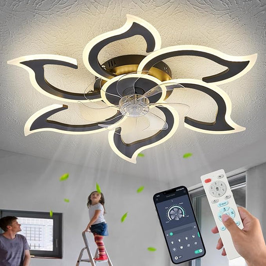 35" Black Modern Ceiling Fan with Light Remote Control, 3 Light Color 6 Speeds Samll Low Profile Ceiling Fan for Bedroom Kitchen