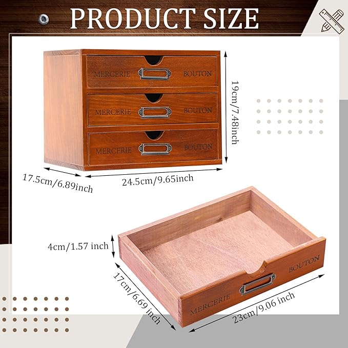 Wesiti 3 Drawer Apothecary Cabinet - Vintage Wooden Desk Organizer - Library Card Catalog Wood Storage Box - Office Desktop Dresser for Stationery, Thread Embroidery, Sewing, Crafts, Junk & Supplies
