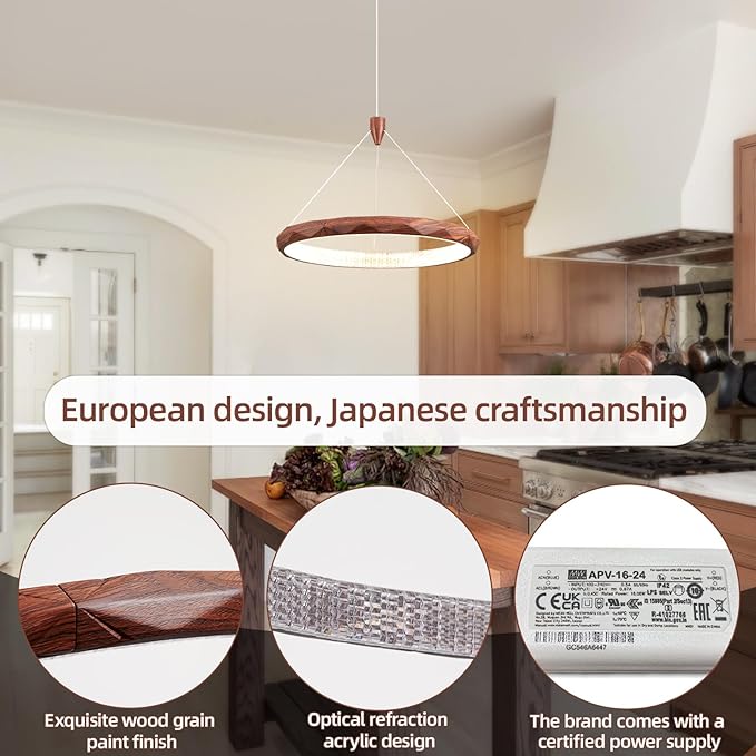 HEYAN 15.8" Farmhouse Pendant Light in Walnut Wood Finish, Light Fixtures Over Table，Original Design Angled-Facet Ring Kitchen Island Lighting for Dining Room Table Coffee Bar Counter