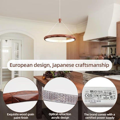 HEYAN 15.8" Farmhouse Pendant Light in Walnut Wood Finish, Light Fixtures Over Table，Original Design Angled-Facet Ring Kitchen Island Lighting for Dining Room Table Coffee Bar Counter
