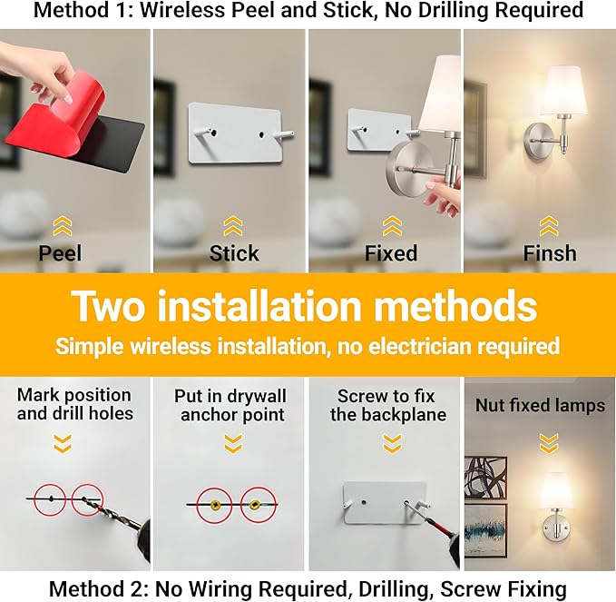 Battery Operated Wall Sconce: Renter Friendly Peel and Stick Adhesive Wall Light Easy to Install, Rechargeable Wireless Wall Lamp for Bedroom Living Room DIY Home Wall Decor