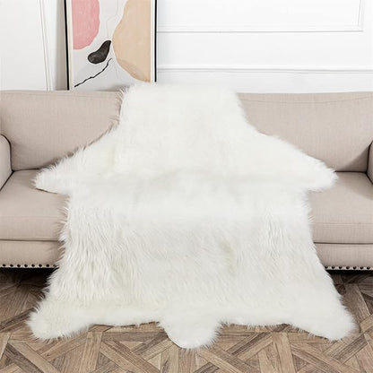 Faux White Bear Rug Faux Cowhide Carpet Animal Print Area Rug Faux Sheepskin Fur Rug Decor for Living Room 5.1x6.1 Feet White