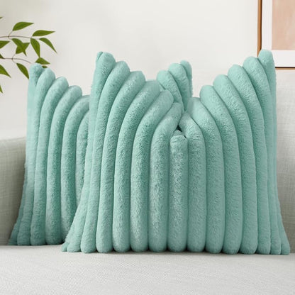decorUhome Faux Fur Spring Throw Pillow Covers 22x22 Set of 2, Decorative Soft Plush Striped Neutral Couch Euro Sham Pillow Covers with Velvet Back for Sofa, Bed, Living Room Home, Aqua