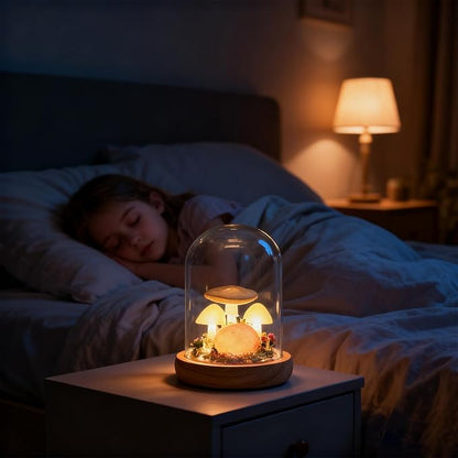 QUELIEN Mushroom Night Light in Glass Dome - Warm White LED Mushroom Lamp for Home Decor, Unique Housewarming Gifts for Women Mom, Bedroom Office Desk Decor (Yellow-1)