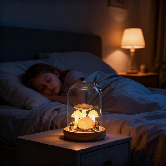 QUELIEN Mushroom Night Light in Glass Dome - Warm White LED Mushroom Lamp for Home Decor, Unique Housewarming Gifts for Women Mom, Bedroom Office Desk Decor (Yellow-1)