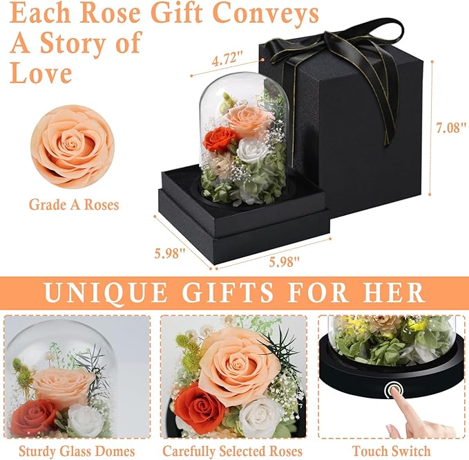 FIACO Preserved Flowers Rose Gifts for Women, Birthday Gifts Eternal Rose in Glass Dome Long-Lasting Real Forever Flowers Gifts for Mom Grandma Wife Girlfriend