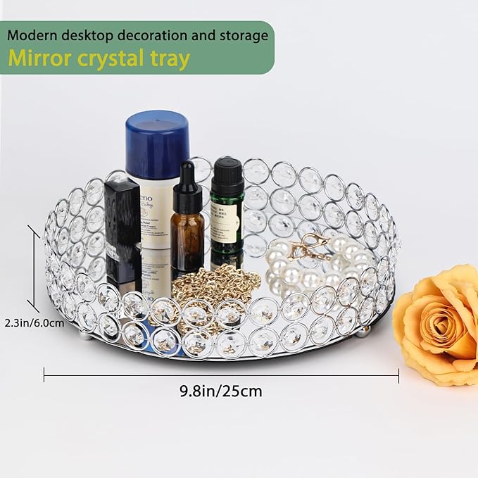 Elegant Silver Crystal Mirror Perfume Tray for Vanity, Coffee Table, and Home Decor - Small Glass Tray for Jewelry, Perfume, and Decorative Items - Bandeja para Perfumes, Perfume Trays for Dresser