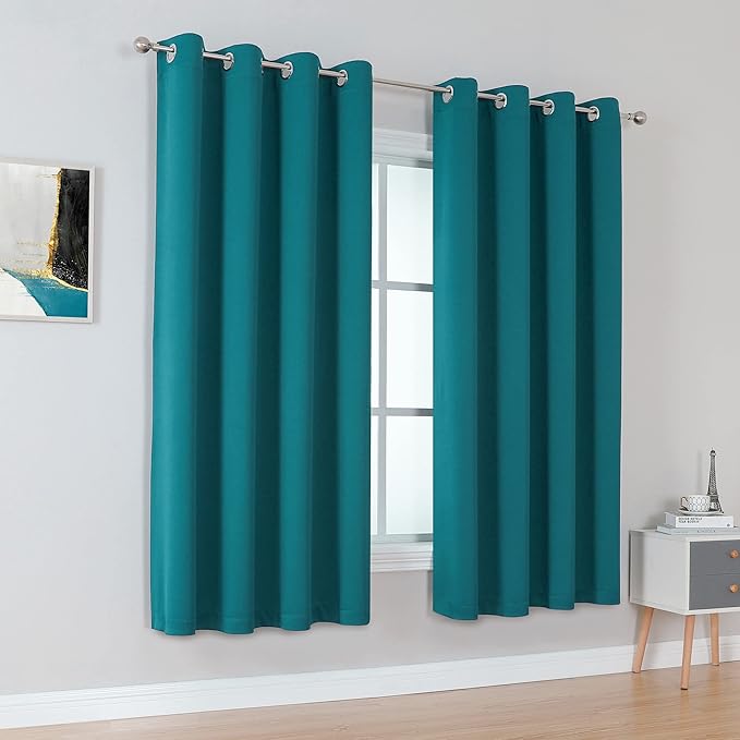 DUALIFE Teal Blackout Curtains Solid Color Eyelet Top Bedroom Curtains Thermal Grommet Light Blocking Room Darkening Window Panels/Drapes for Living Room 2 Panels Set 52 x 45 inches