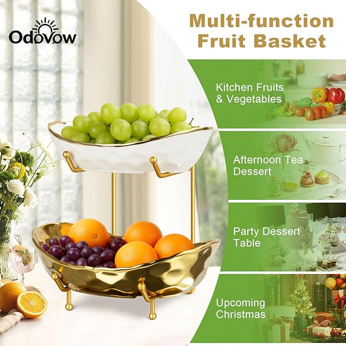 Ceramic Fruit Bowl for Kitchen Counter - 2 Tier Fruit Bowls with Metal Stand, Tiered Fruit Basket Stand for Countertop, Snack, Nuts, Cake, Dessert, Small & Cute (Gold)