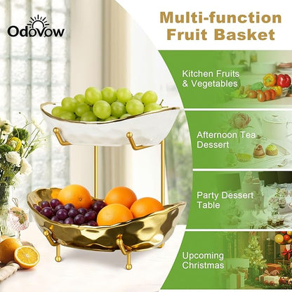 Ceramic Fruit Bowl for Kitchen Counter - 2 Tier Fruit Bowls with Metal Stand, Tiered Fruit Basket Stand for Countertop, Snack, Nuts, Cake, Dessert, Small & Cute (Gold)
