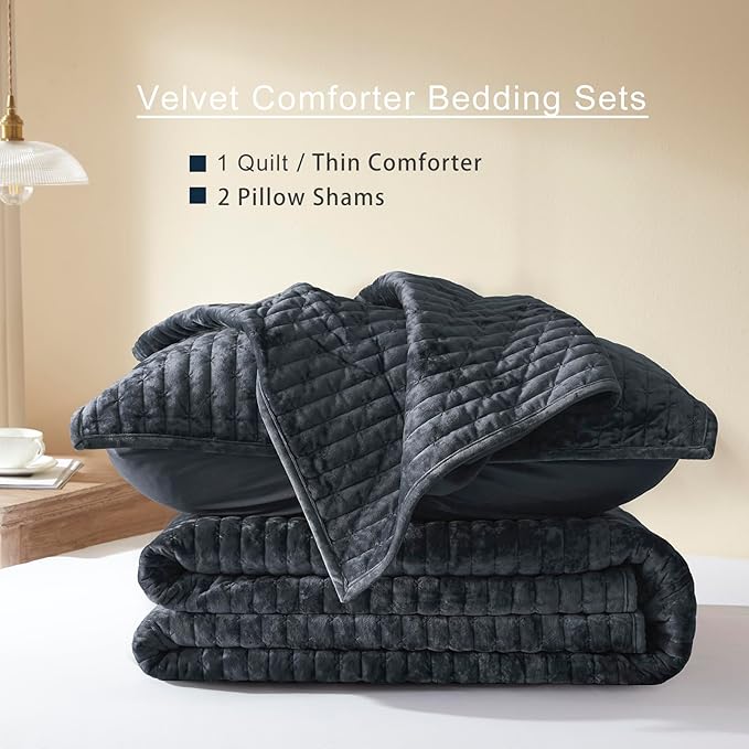 LEAONME Velvet Quilt California King Size 118''x106'', Lightweight Navy Blue Velvet Comforter Set with 2 Matching Shams, Soft Cross Stitch Bedspread Coverlet, Oversized King Bedding Set for All Season