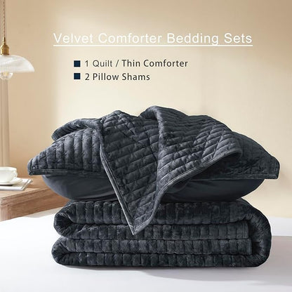 LEAONME Velvet Quilt Set Full/Queen Size 90''x98'', Lightweight Navy Blue Velvet Comforter Set with 2 Matching Shams, Soft Cross Stitch Bedspread Coverlet Bedding Set for All Season