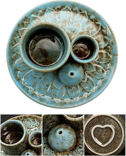 4 in 1 Multifunctional Ceramic Incense and Candle Holder with Ash Catcher Tray Suit for Burning White Sage, Palo Santo Sticks (Blue)