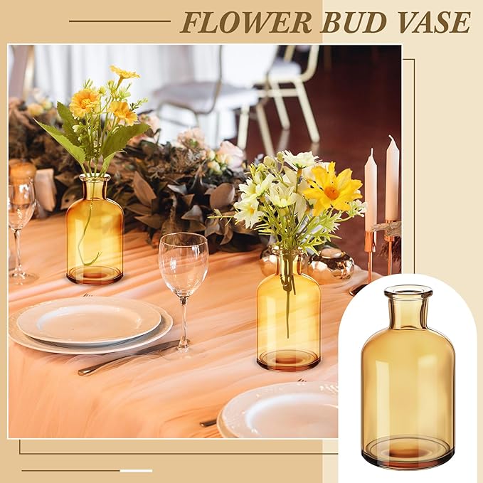Lallisa 15 Pcs 4 Inches Small Glass Bud Vases Bulk Mini Flower Vases for Centerpieces Decorative Glass Bottles Vintage Rustic Decoration for Wedding Dining Table Home Decor (Amber)