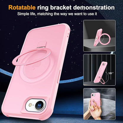 Compatible with iPhone 16E Case with Invisible Magnetic O-Ring Stand Military-Grade Translucent Case for iPhone 16E 6.1" 2025 [Compatible with Mag-Safe][Great Grip Feeling], Pink
