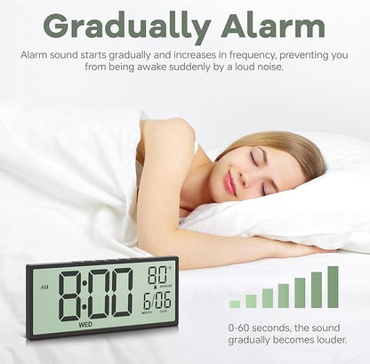 JALL 14.5" Large Digital Wall Clock Battery Operated with Big Digits LCD Screen Display, Day, Date, Alarm, Auto DST, Temperature for Living Room, Bedroom, Desk Decor, Mounted, Gift for Elderly