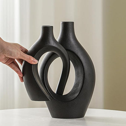 Levvohd XL Black Ceramic Vase Set of 2 for Modern Home Decor, Neutral Boho Round Donut Pampas Grass Vases, Nordic Aesthetic Vase, for Living Room Coffee Table Fire Place Book Style Shelf (H 11.1")
