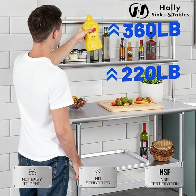 Hally Double Overshelf of Stainless Steel 12'' x 36'' Weight Capacity 360lb, Commercial 2 Tier Shelf for Prep & Work Table in Restaurant, Home and Kitchen