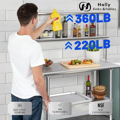Hally Double Overshelf of Stainless Steel 12'' x 36'' Weight Capacity 360lb, Commercial 2 Tier Shelf for Prep & Work Table in Restaurant, Home and Kitchen