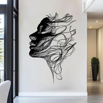 BIANGING Modern Woman Face Metal Wall Decor, Abstract Woman Face Metal Wall Decor, Abstract Female Line Wall Art, Minimalist Line Wall Art for Bathroom Living Room Bedroom (Silver, 41"x28"/105x70cm)