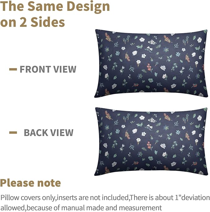 Vitage Floral Lumbar Pillow Covers 12x20 Set of 2 Navy Green Spring Flower Leaf Pattern Rustic Decorative Outdoor Farmhouse Boho Pillowcases Decorations Throw Cushion Cover Decor for Couch Sofa Bed