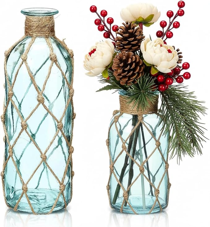 Chuangdi Set of 2 Coastal Glass Vases Christmas Vases for Flowers with Boho Rope Christmas Centerpieces for Tables Small Beach Bottle for Nautical Wedding Floral Arrangement Decorations(Light Blue)