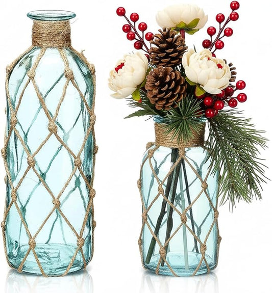 Chuangdi Set of 2 Coastal Glass Vases Christmas Vases for Flowers with Boho Rope Christmas Centerpieces for Tables Small Beach Bottle for Nautical Wedding Floral Arrangement Decorations(Light Blue)