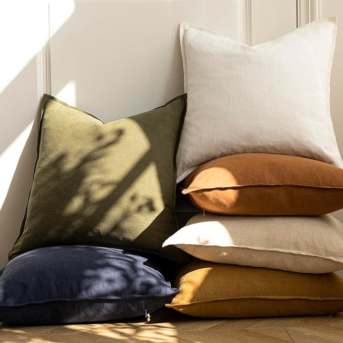 Foindtower Pack of 2, Decorative Linen Soild Throw Pillow Covers Soft Accent Cushion Case Boho Farmhouse Neutral Pillowcase for Couch Sofa Bed Living Room Home Decor 22 x 22 Inch Cream White