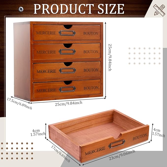 Wesiti 4 Drawer Apothecary Cabinet - Vintage Wooden Desk Organizer - Library Card Catalog Wood Storage Box - Office Desktop Dresser for Stationery, Thread Embroidery, Sewing, Crafts, Junk & Supplies